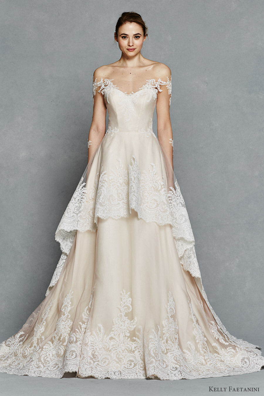 kelly faetanini bridal spring 2017 illusion long sleeves off shoulder sweetheart aline wedding dress (nora) mv tiered skirt blush color