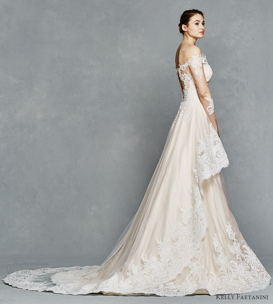 kelly faetanini bridal spring 2017 illusion long sleeves off shoulder sweetheart aline wedding dress (nora) sv tiered skirt blush color train