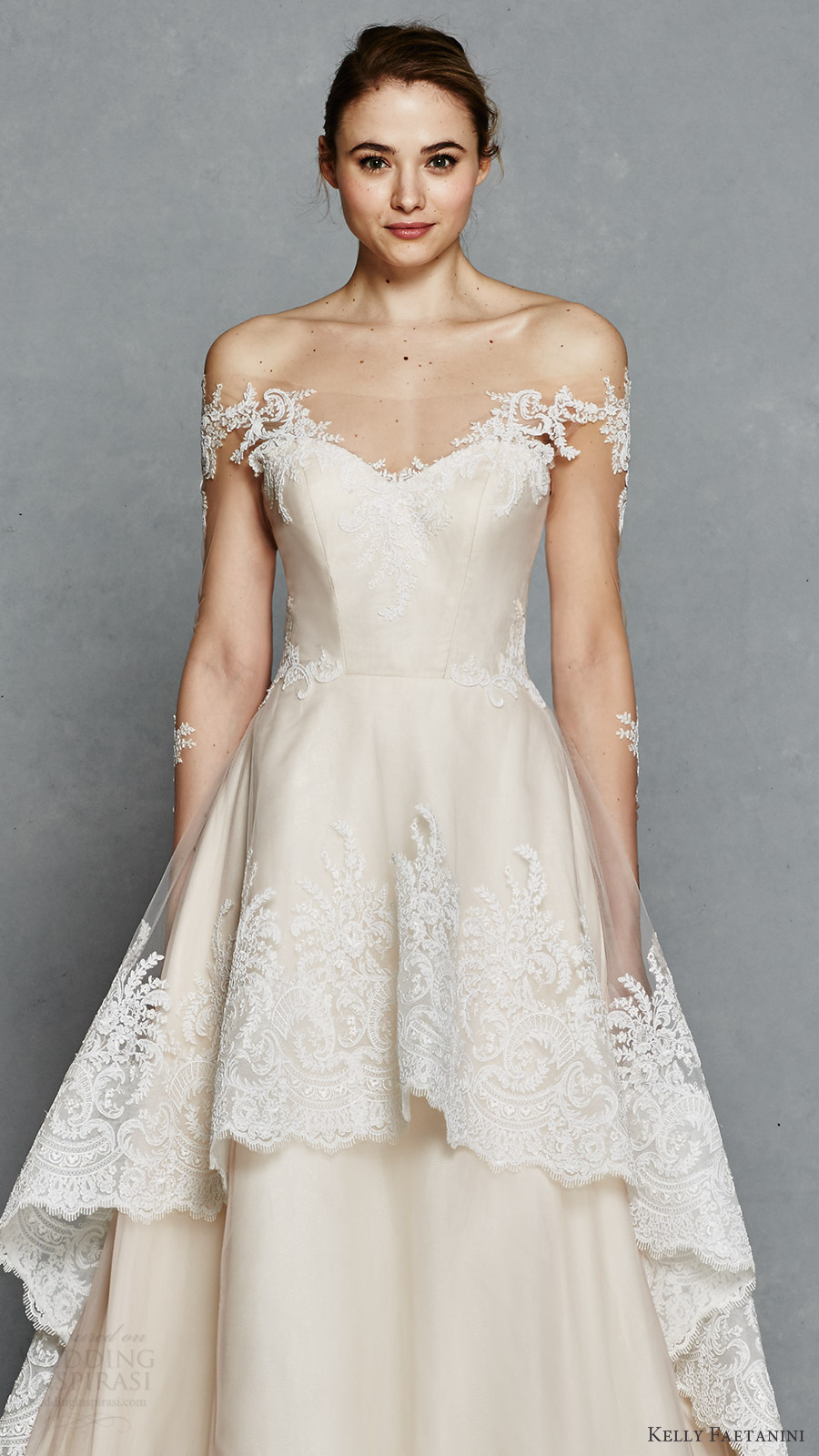 kelly faetanini bridal spring 2017 illusion long sleeves off shoulder sweetheart aline wedding dress (nora) zv tiered skirt blush color
