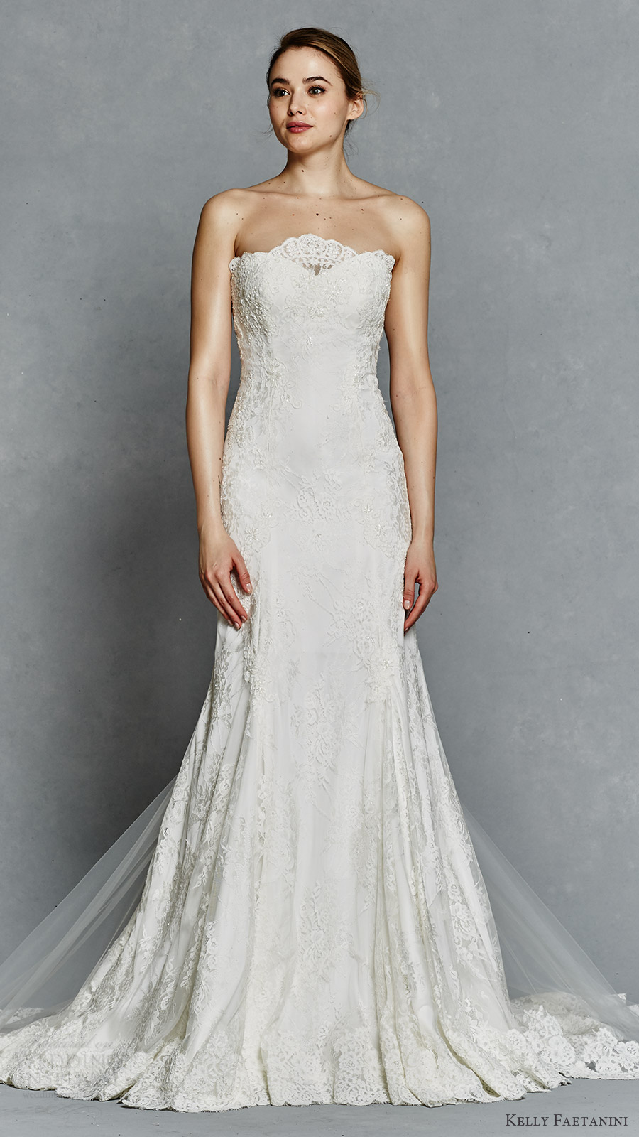 kelly faetanini bridal spring 2017 strapless sweetheart chantilly lace fit flare wedding dress (hazel) mv sheer overskirt train kelly faetanini bridal spring 2017 strapless sweetheart chantilly lace fit flare wedding dress (hazel) mv sheer overskirt train