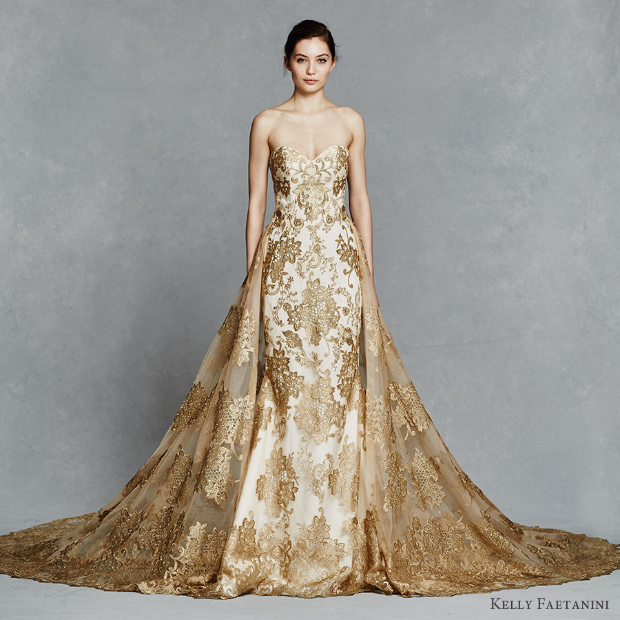 kelly faetanini bridal spring 2017 strapless sweetheart fit flare wedding dress (gwendelyn) fv gold color embroidery train detachable overskirt kelly faetanini bridal spring 2017 strapless sweetheart fit flare wedding dress (gwendelyn) fv gold color embroidery train detachable overskirt