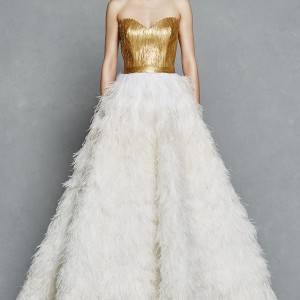 kelly faetanini bridal spring 2017 strapless sweetheart gold painted feather bodice ball gown wedding dress (olga) mv ostrich skirt