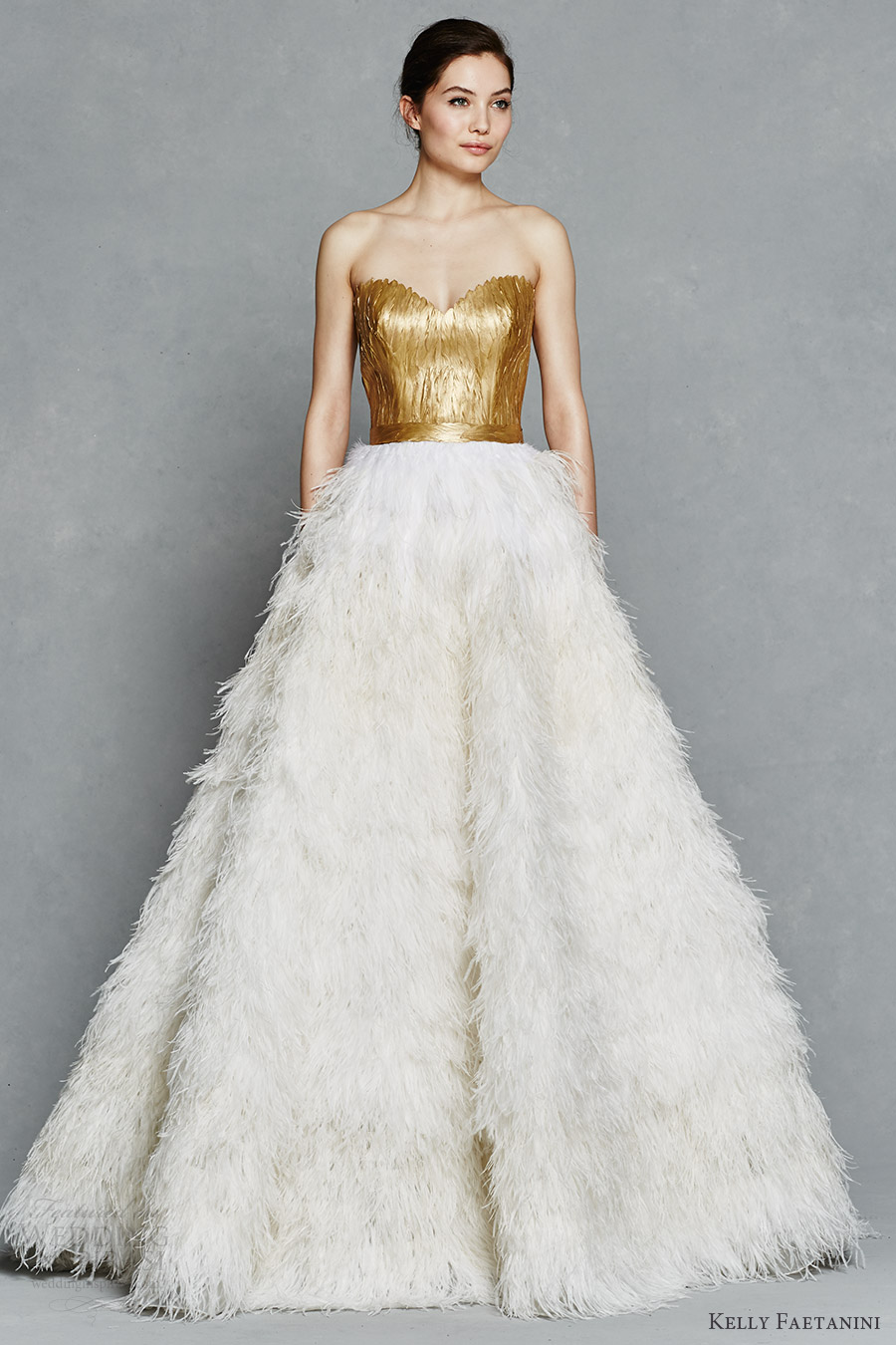 kelly faetanini bridal spring 2017 strapless sweetheart gold painted feather bodice ball gown wedding dress (olga) mv ostrich skirt
