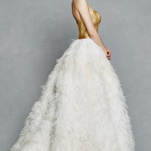 kelly faetanini bridal spring 2017 strapless sweetheart gold painted feather bodice ball gown wedding dress (olga) sv ostrich skirt