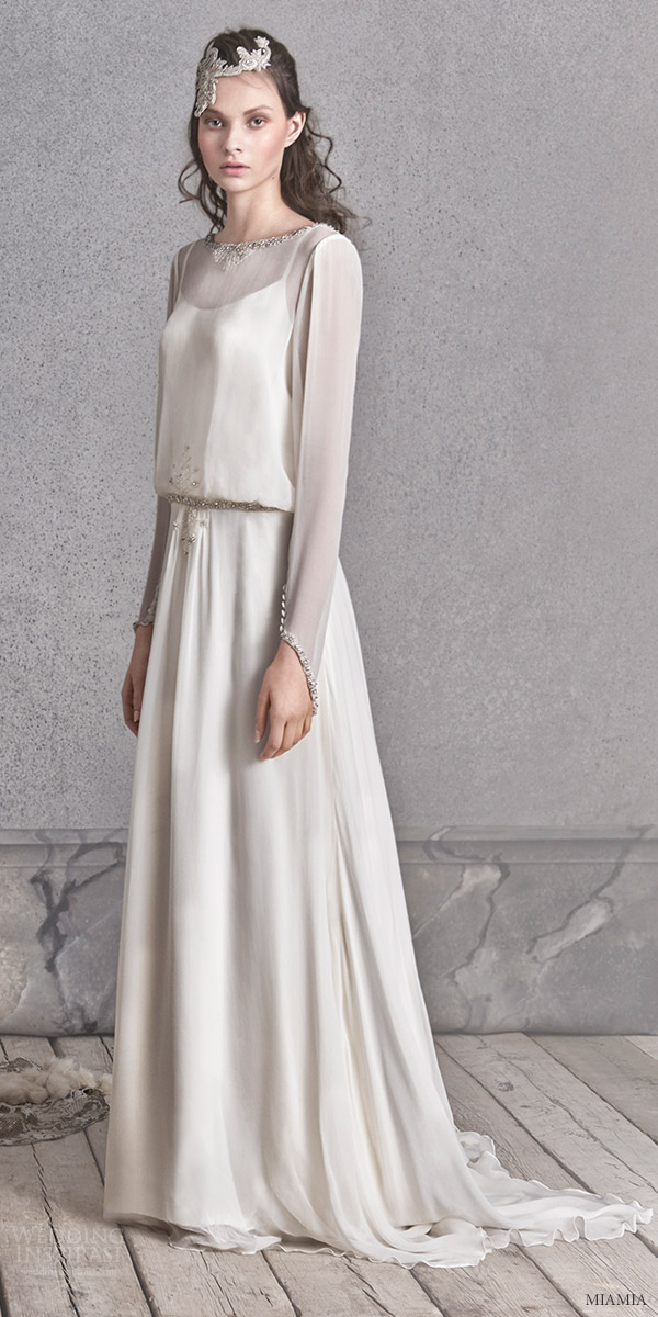 miamia bridal 2016 long sleeves jewel neck blouson aline wedding dress (beth) zv train