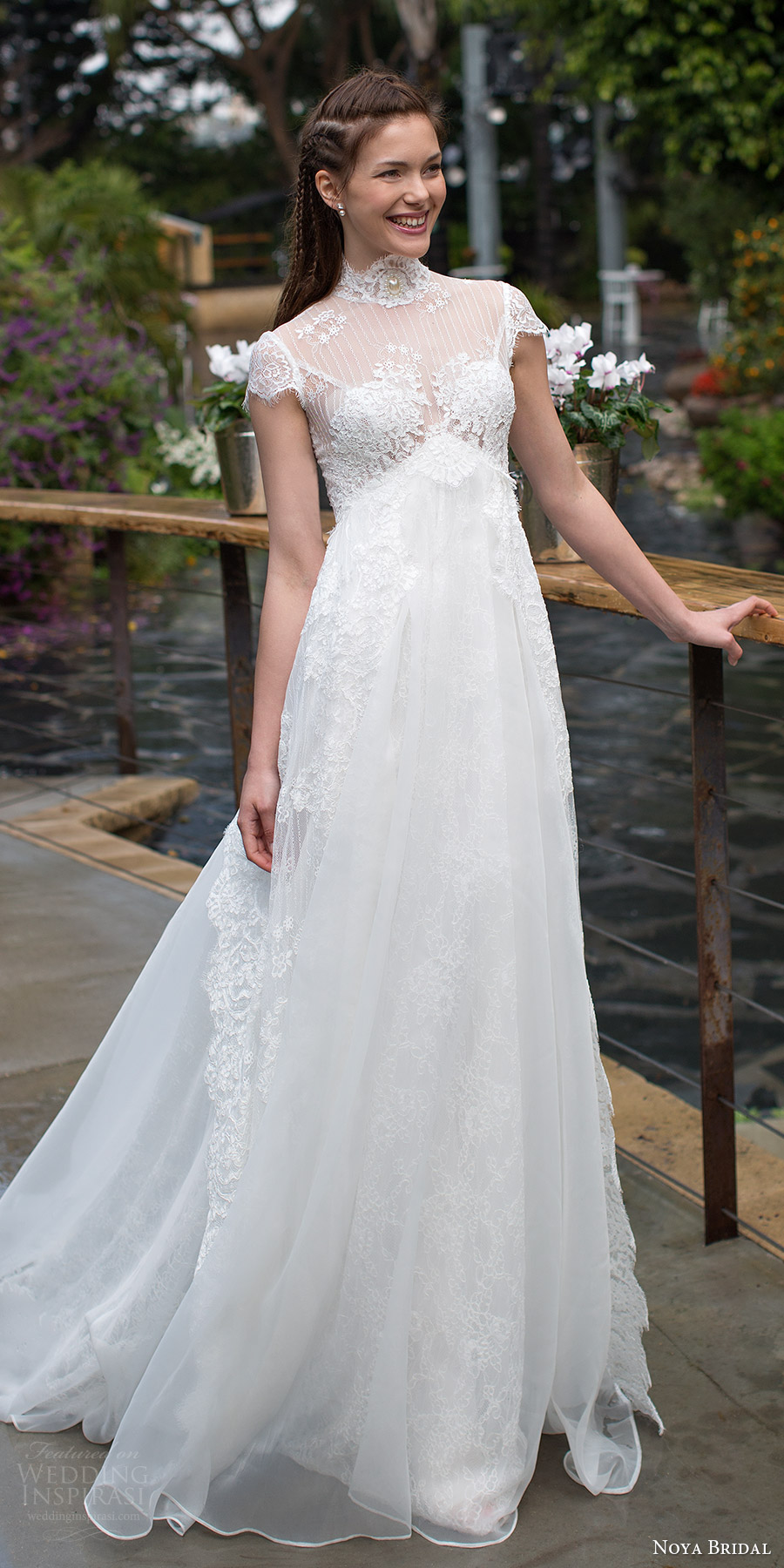 noya bridal 2016 cap sleeves illusion high neckline aline empire waist wedding dress (1203) mv romantic