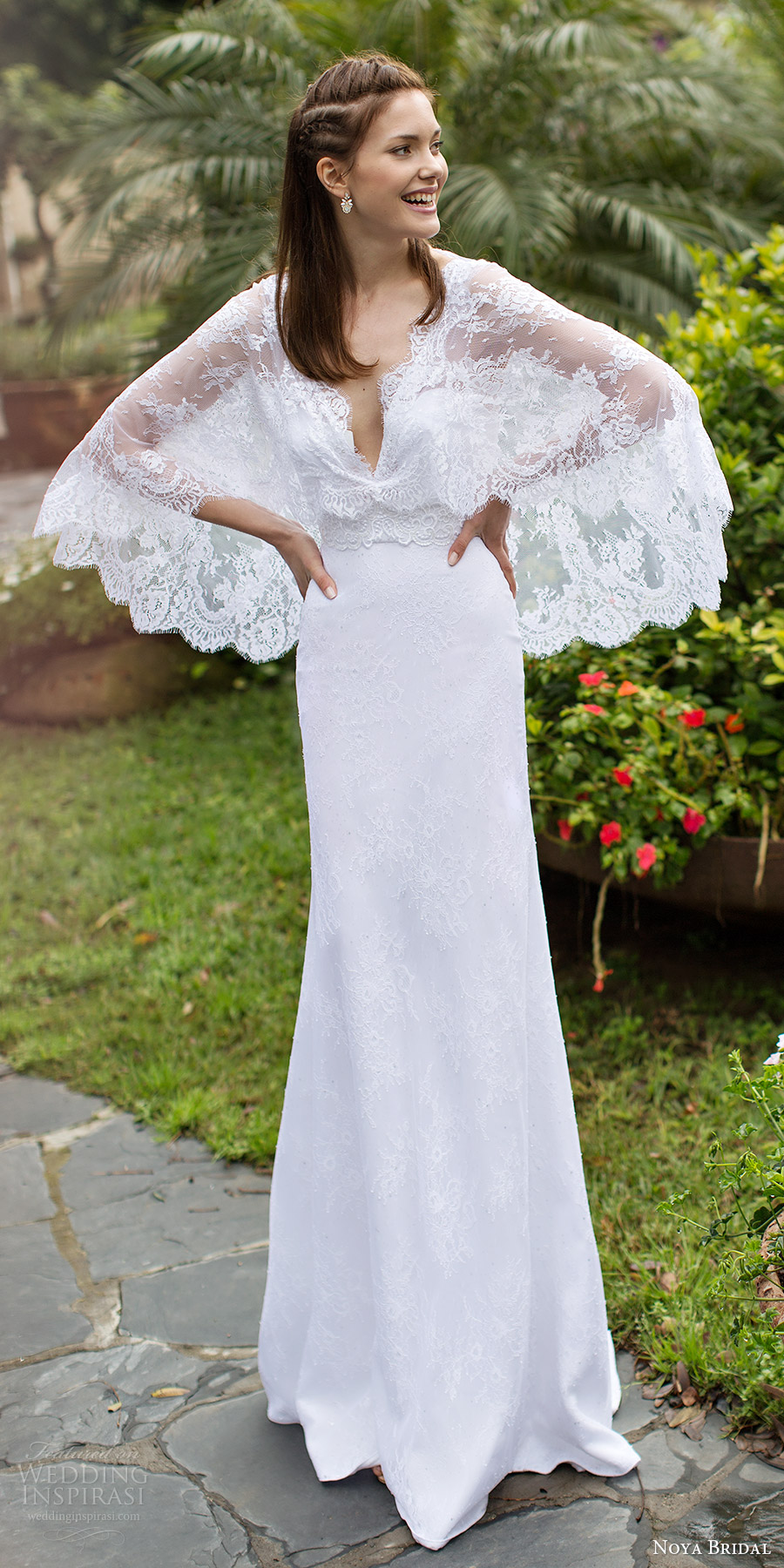 noya bridal 2016 cape flutter sleeves v neck sheath lace wedding dress (1207) mv bohemian romantic