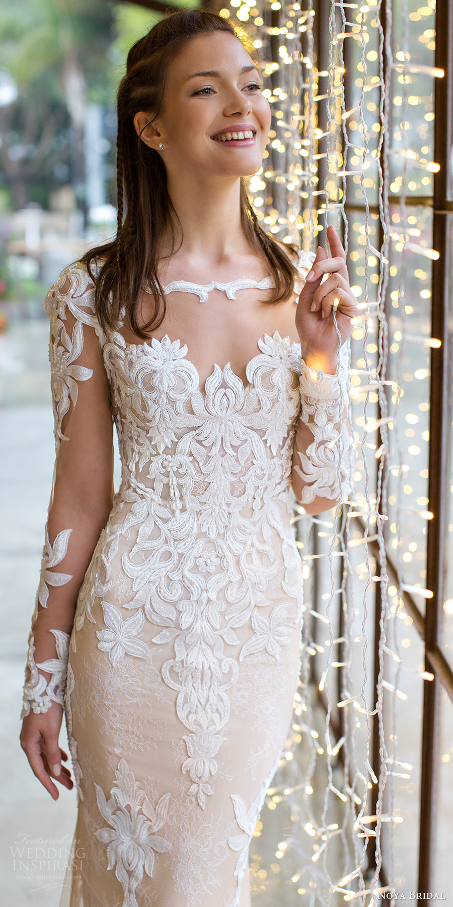 noya bridal 2016 illusion long sleeve scalloped sweetheart illusion jewel sheath wedding dress (1201) zv train elegant