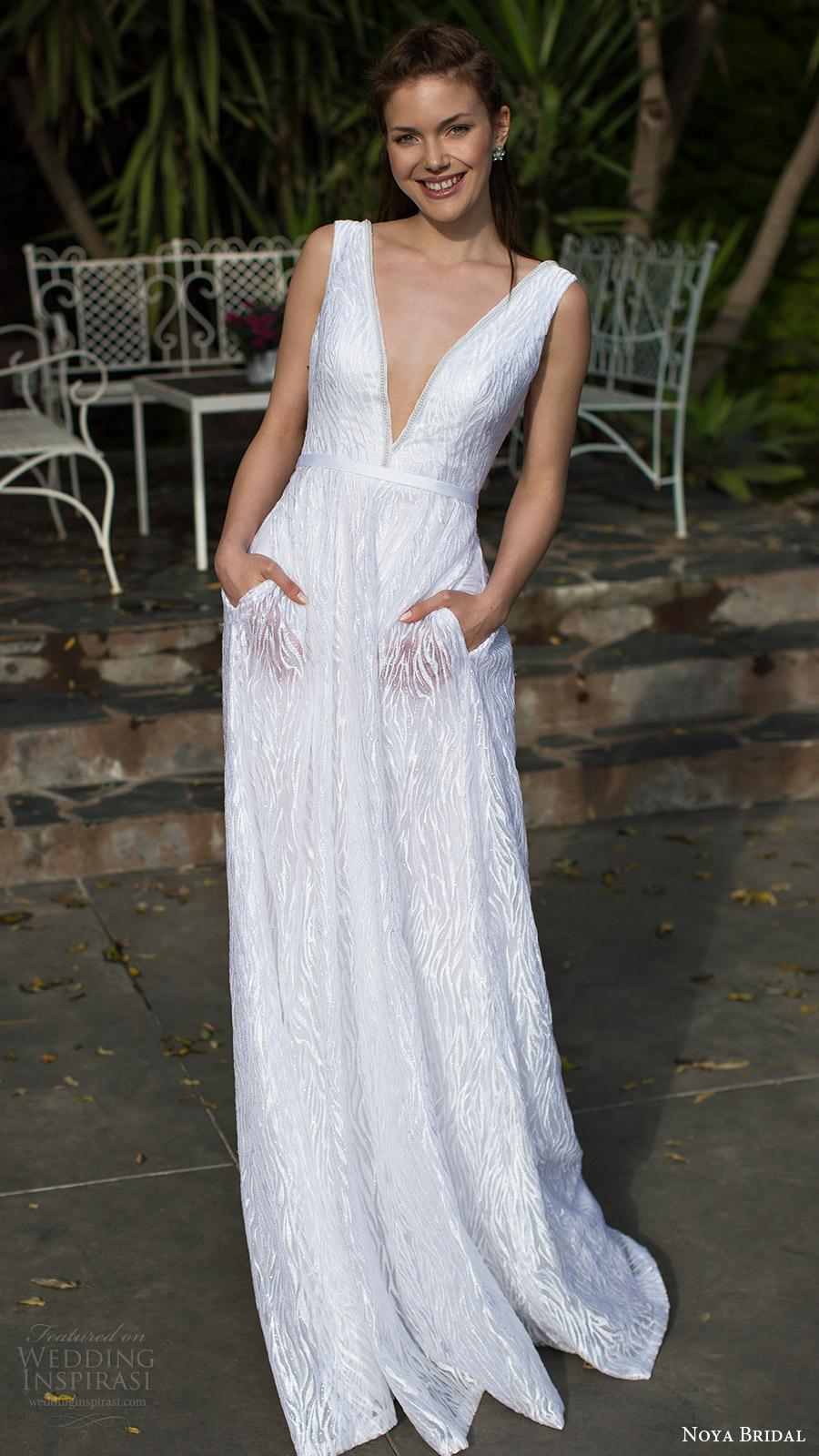 noya bridal 2016 sleeveless thick straps deep vneck aline wedding dress (1212) mv pockets