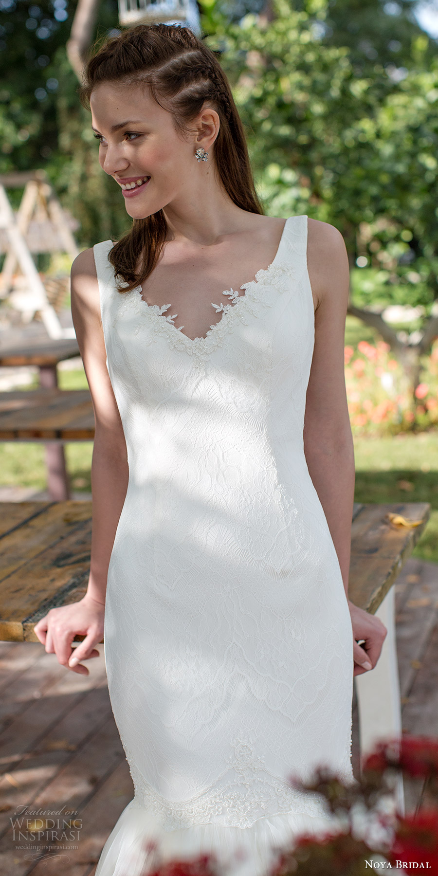 noya bridal 2016 sleeveless v neck illusion jewel lace mermaid fit flare wedding dress (1211) zv romantic