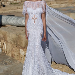 nurit hen 2016 fringe cape half sleeves bateau trumpet lace wedding dress (lw21) mv