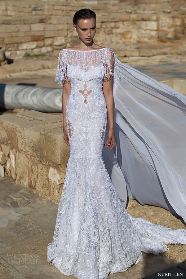 nurit hen 2016 fringe cape half sleeves bateau trumpet lace wedding dress (lw21) mv