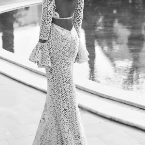 nurit hen 2016 long bell sleeves deep v sheath wedding dress (pw6) bv low back train edgy sexy