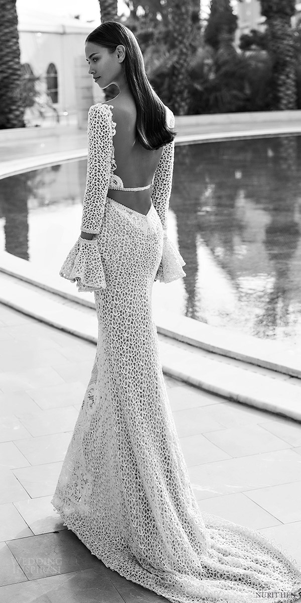 nurit hen 2016 long bell sleeves deep v sheath wedding dress (pw6) bv low back train edgy sexy