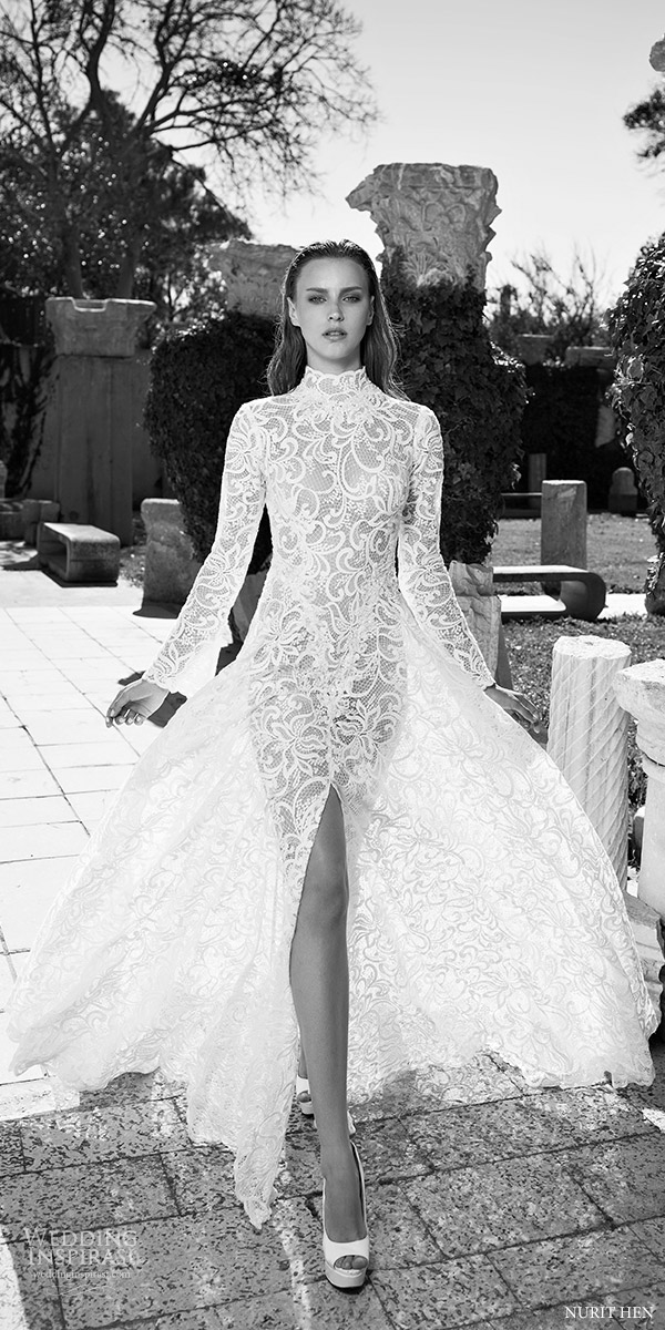 nurit hen 2016 long sleeves high neck aline wedding dress (lw14) mv slit elegatn