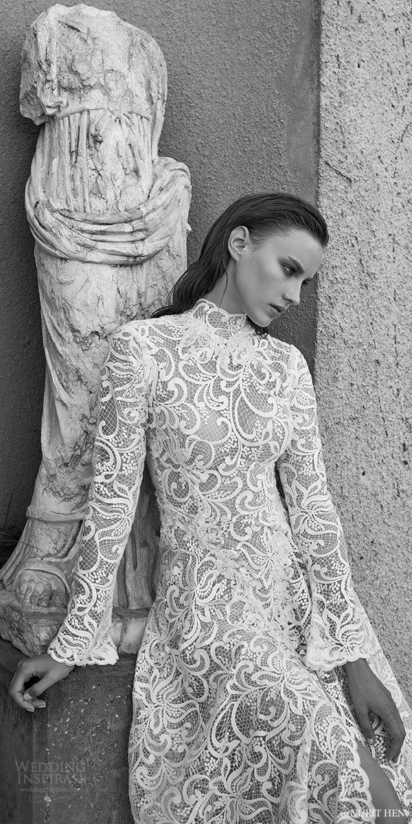 nurit hen 2016 long sleeves high neck aline wedding dress (lw14) zv slit elegatn