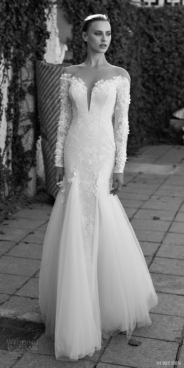 nurit hen 2016 long sleeves illusion off shoulder split sweetheart mermaid wedding dress (lw18) mv elegant