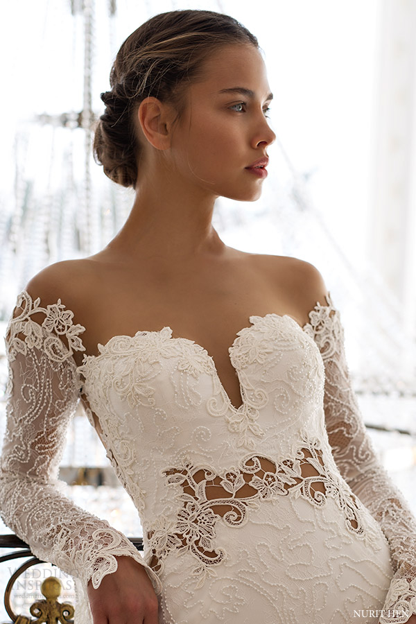 nurit hen 2016 long sleeves off shoulder sweetheart lace sheat wedding dress (pw31) mv elegant