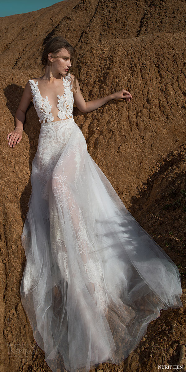 nurit hen 2016 sleeveless deep vneck sheath wedding dress (sw6) mv sheer overskirt