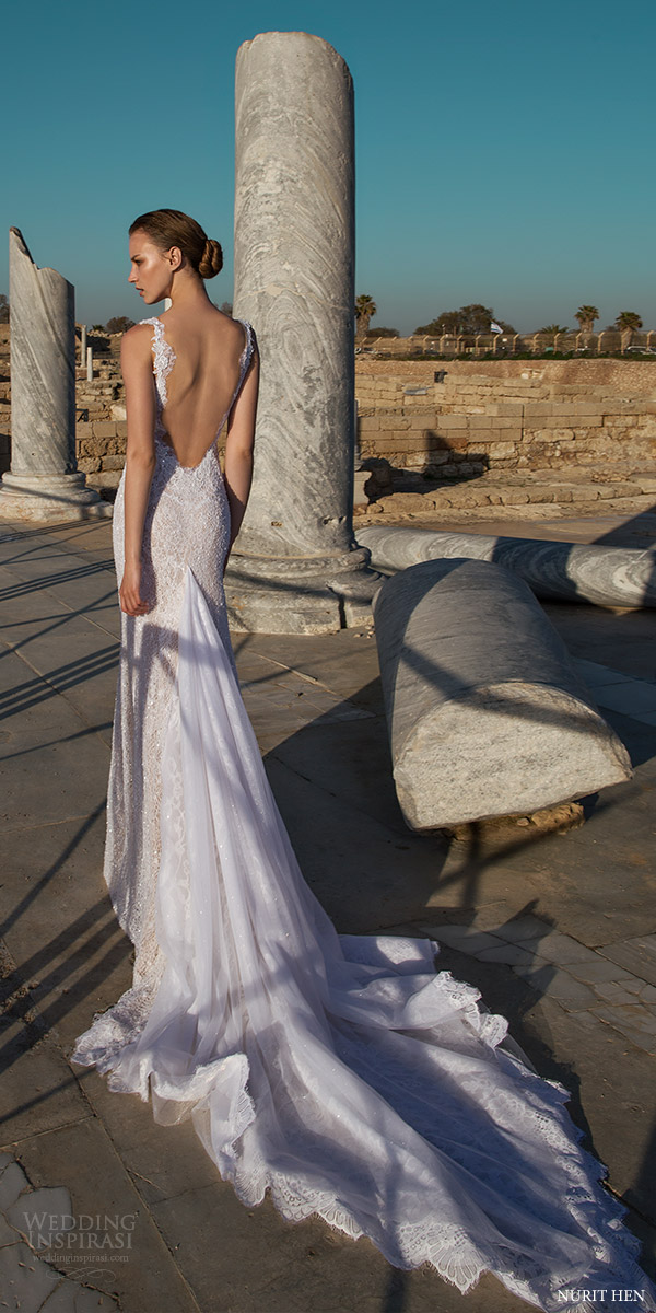 nurit hen 2016 sleeveless jewel neck illusion bodice lace trumpet wedding dress (lw24) bv sexy low back long train