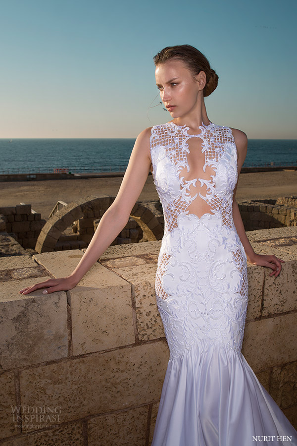 nurit hen 2016 sleeveless jewel neck illusion bodice lace trumpet wedding dress (lw24) mv sexy