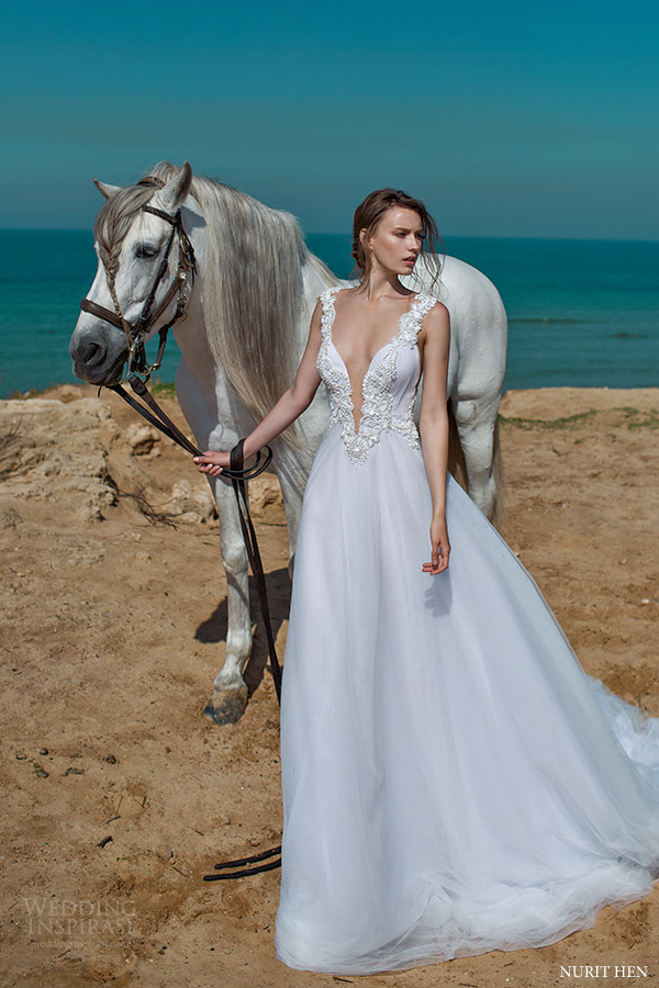 nurit hen 2016 sleeveless thick embellished straps split sweetheart aline wedding dress (sw10) mv romantic