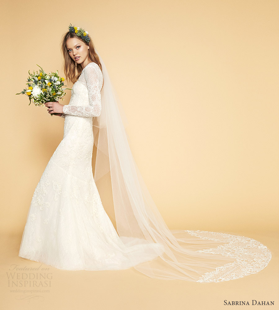 sabrina dahan bridal spring 2017 long sleeve trumpet lace wedding dress (colette) mv veil