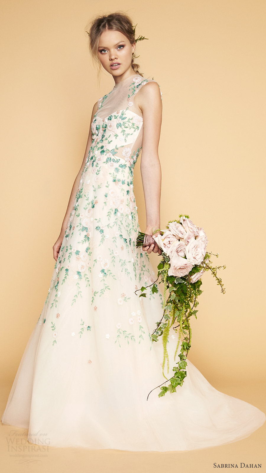 sabrina dahan bridal spring 2017 sleeveless illusion high neck aline wedding dress (renoir) mv green beaded