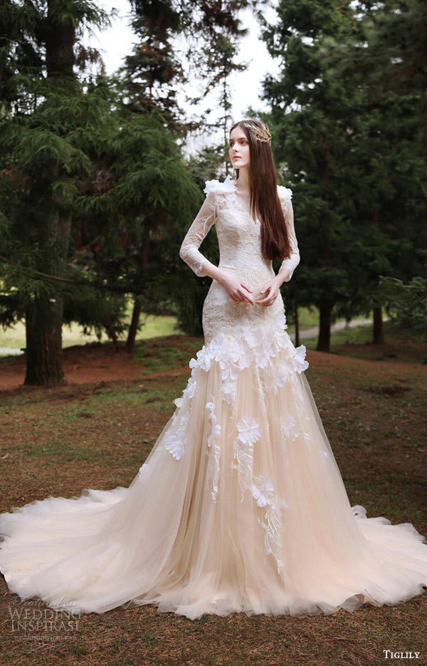 tiglily bridal 2016 long sleeves vneck fit flare mermaid wedding dress (eva) mv peach color romantic elegant