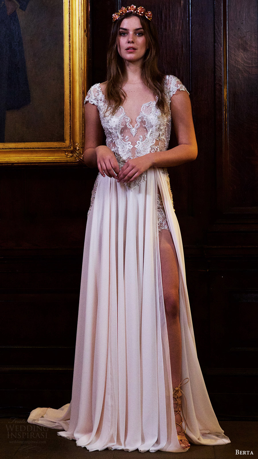 berta bridal fall 2016 cap sleeves vneck illusion jewel aline wedding dress (16 115) mv slit skirt