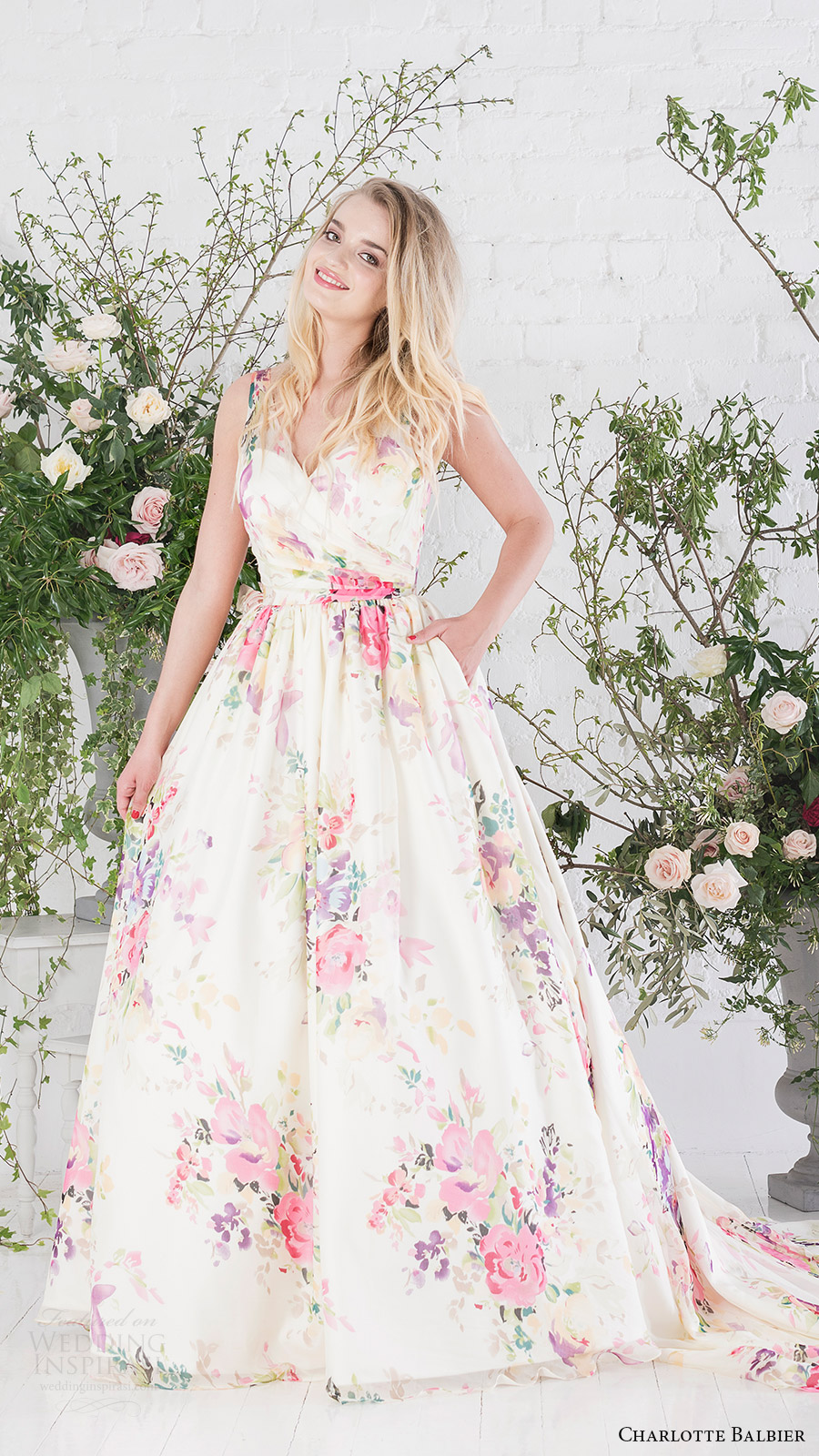 charlotte balbier bridal 2017 sleeveless vneck ball gown wedding dress (untamed love) mv floral print multicolor pocket train