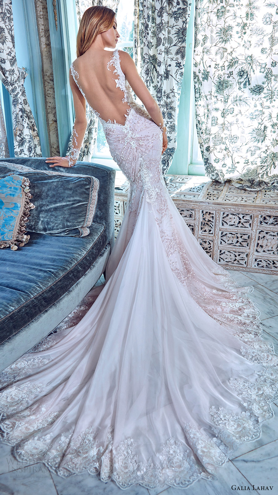 galia lahav bridal spring 2017 illusion long sleeves deep vneck mermaid wedding dress (daria) bv low back train