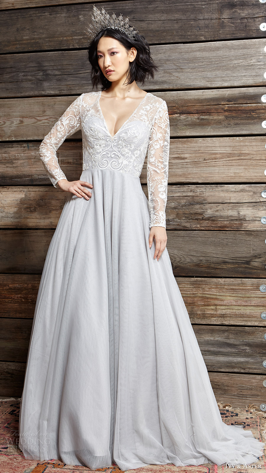 ivy aster bridal spring 2017 illusion long sleeve vneck aline wedding dress (touch of grey) fv