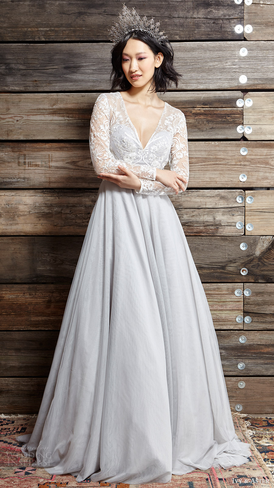 ivy aster bridal spring 2017 illusion long sleeve vneck aline wedding dress (touch of grey) mv