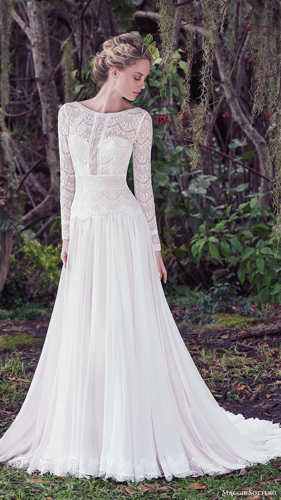 maggie sottero bridal fall 2016 long sleeves bateau neck aline wedding dress (deirdre) mv romantic train