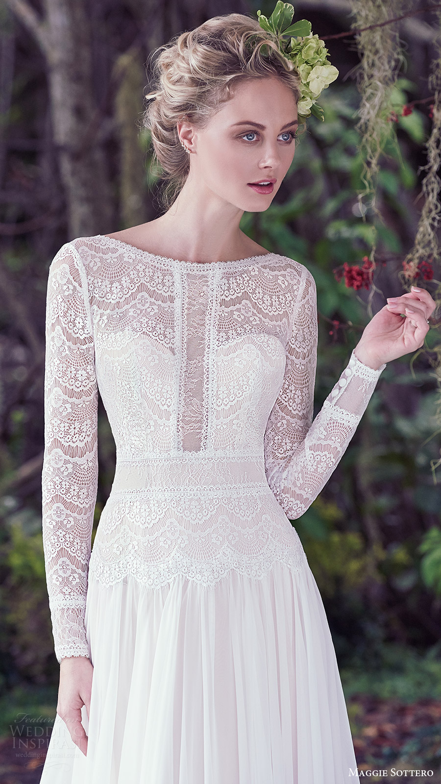 maggie sottero bridal fall 2016 long sleeves bateau neck aline wedding dress (deirdre) zfv lace bodice romantic train