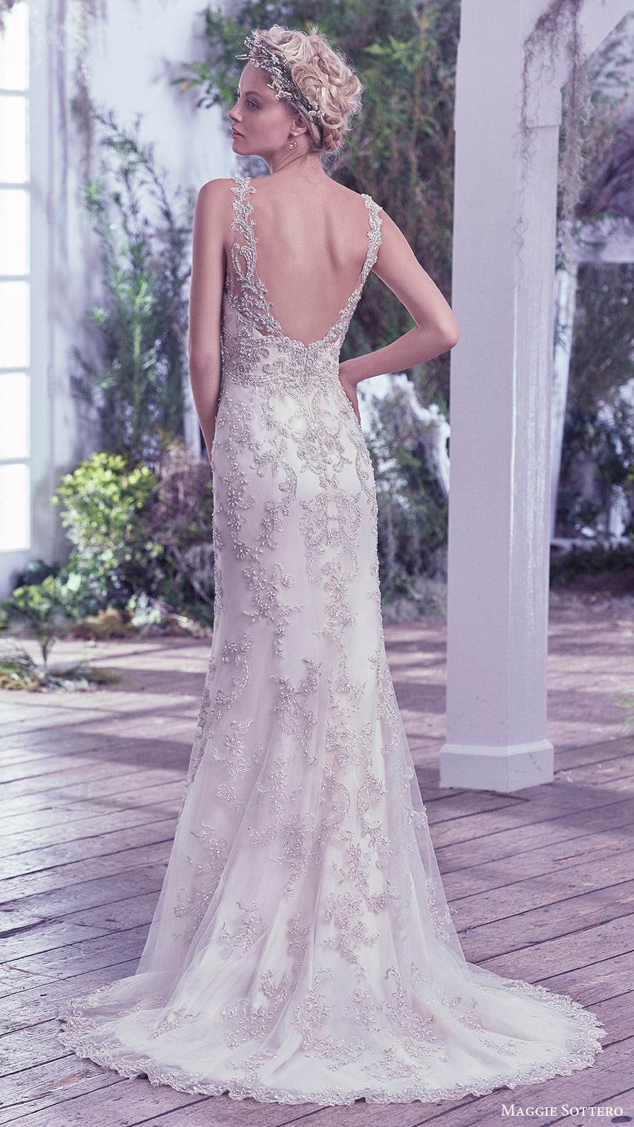 maggie sottero bridal fall 2016 sleeveless vneck sheath wedding dress (greer) bv fully embellished bodice low back train