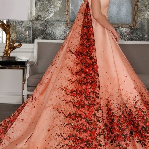 romona keveza bridal spring 2017 strapless surplice sweetheart organza ball gown wedding dress (rk7411) bv red bougainvillea print detachable cathedral train