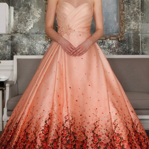 romona keveza bridal spring 2017 strapless surplice sweetheart organza ball gown wedding dress (rk7411) mv red bougainvillea print detachable cathedral train