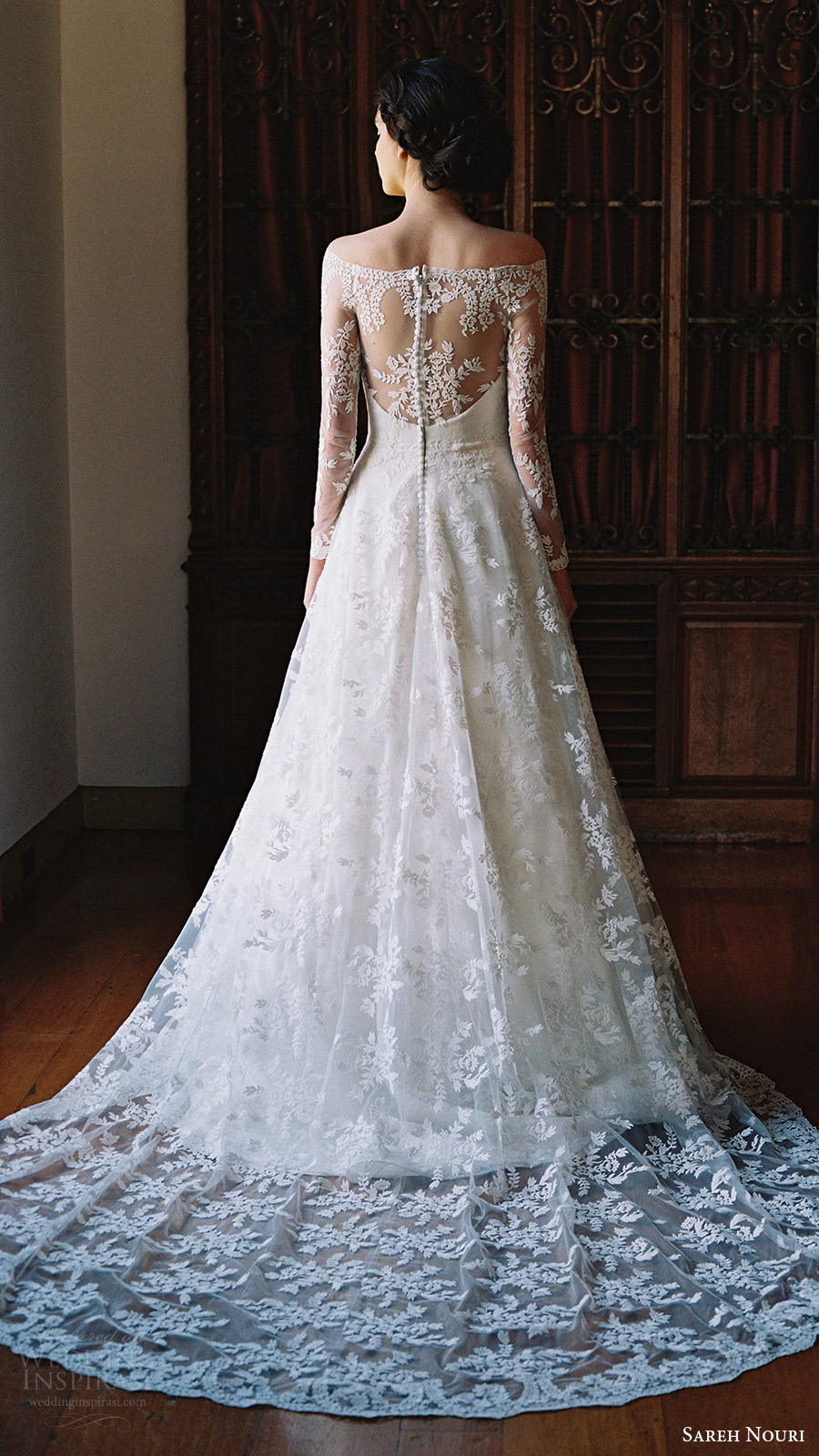 sareh nouri bridal spring 2017 illusion off shoulder long sleeves aline wedding dress (lily of the valley) bv illusion back train sareh nouri bridal spring 2017 illusion off shoulder long sleeves aline wedding dress (lily of the valley) bv illusion back train
