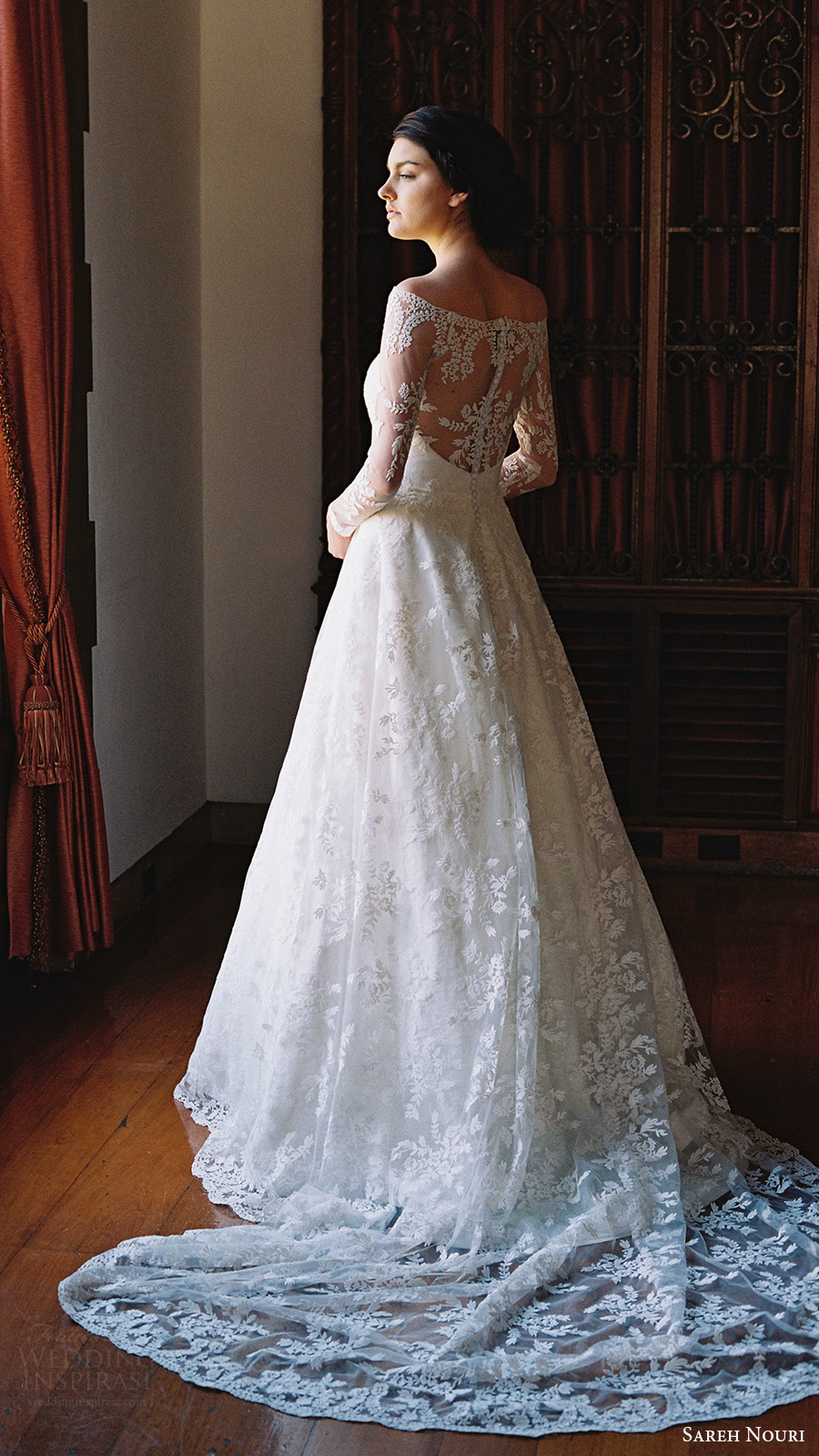 sareh nouri bridal spring 2017 illusion off shoulder long sleeves aline wedding dress (lily of the valley) bv illusion back train sareh nouri bridal spring 2017 illusion off shoulder long sleeves aline wedding dress (lily of the valley) bv illusion back train