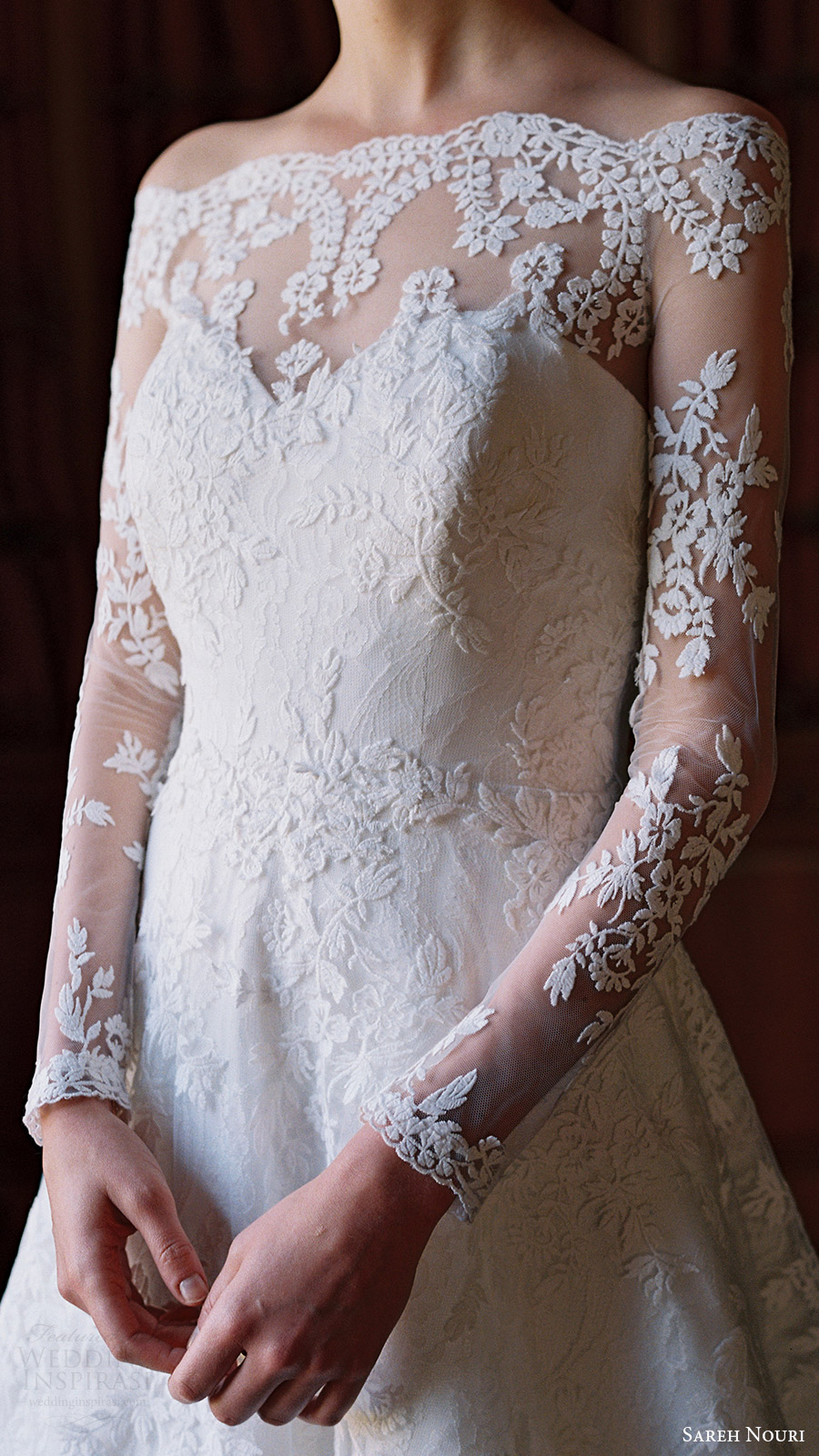 sareh nouri bridal spring 2017 illusion off shoulder long sleeves aline wedding dress (lily of the valley) zfv illusion back train sareh nouri bridal spring 2017 illusion off shoulder long sleeves aline wedding dress (lily of the valley) zfv illusion back train