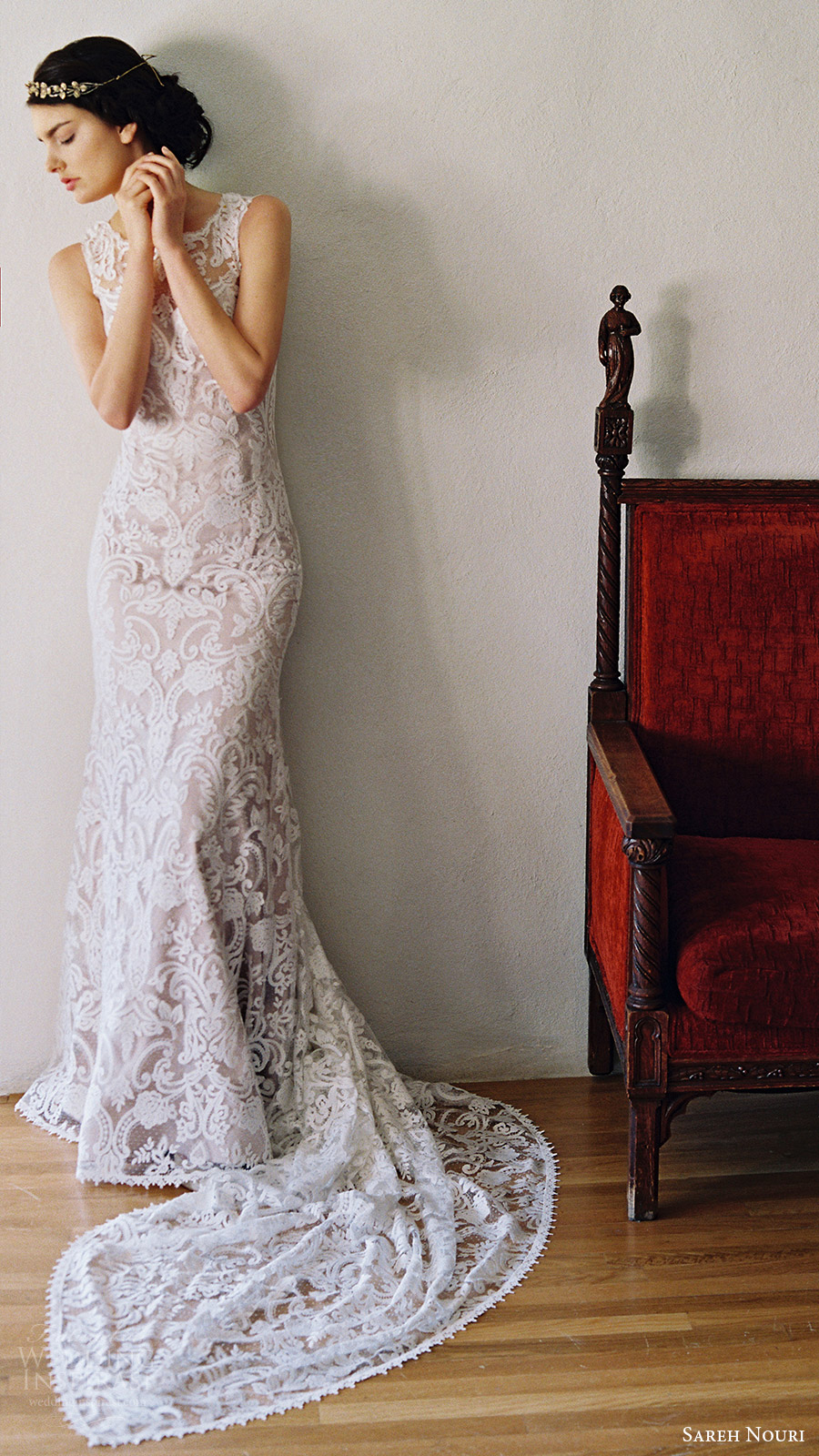 sareh nouri bridal spring 2017 sleeveless jewel neck lace trumpet wedding dress (jonquil) mv point train sareh nouri bridal spring 2017 sleeveless jewel neck lace trumpet wedding dress (jonquil) mv point train