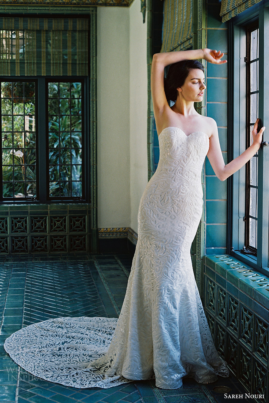 sareh nouri bridal spring 2017 strapless sweetheart trumpet lace wedding dress (marigold) mv train sareh nouri bridal spring 2017 strapless sweetheart trumpet lace wedding dress (marigold) mv train
