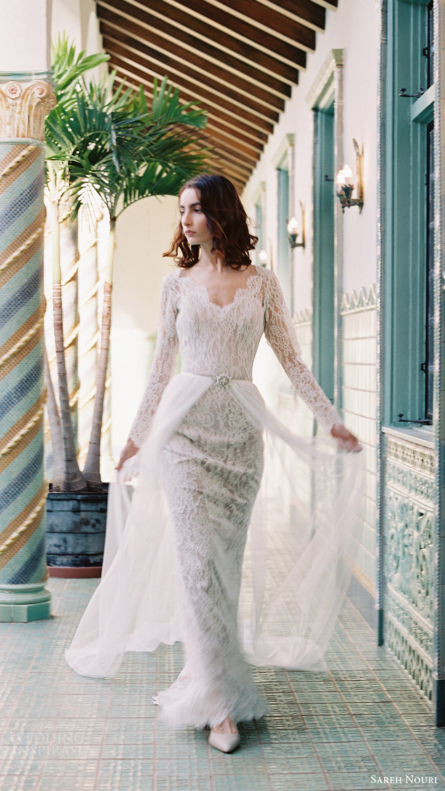 sareh nouri bridal spring 2017 vneck long sleeves lace trumpet wedding dress (morning glory) fv overskirt sareh nouri bridal spring 2017 vneck long sleeves lace trumpet wedding dress (morning glory) fv overskirt