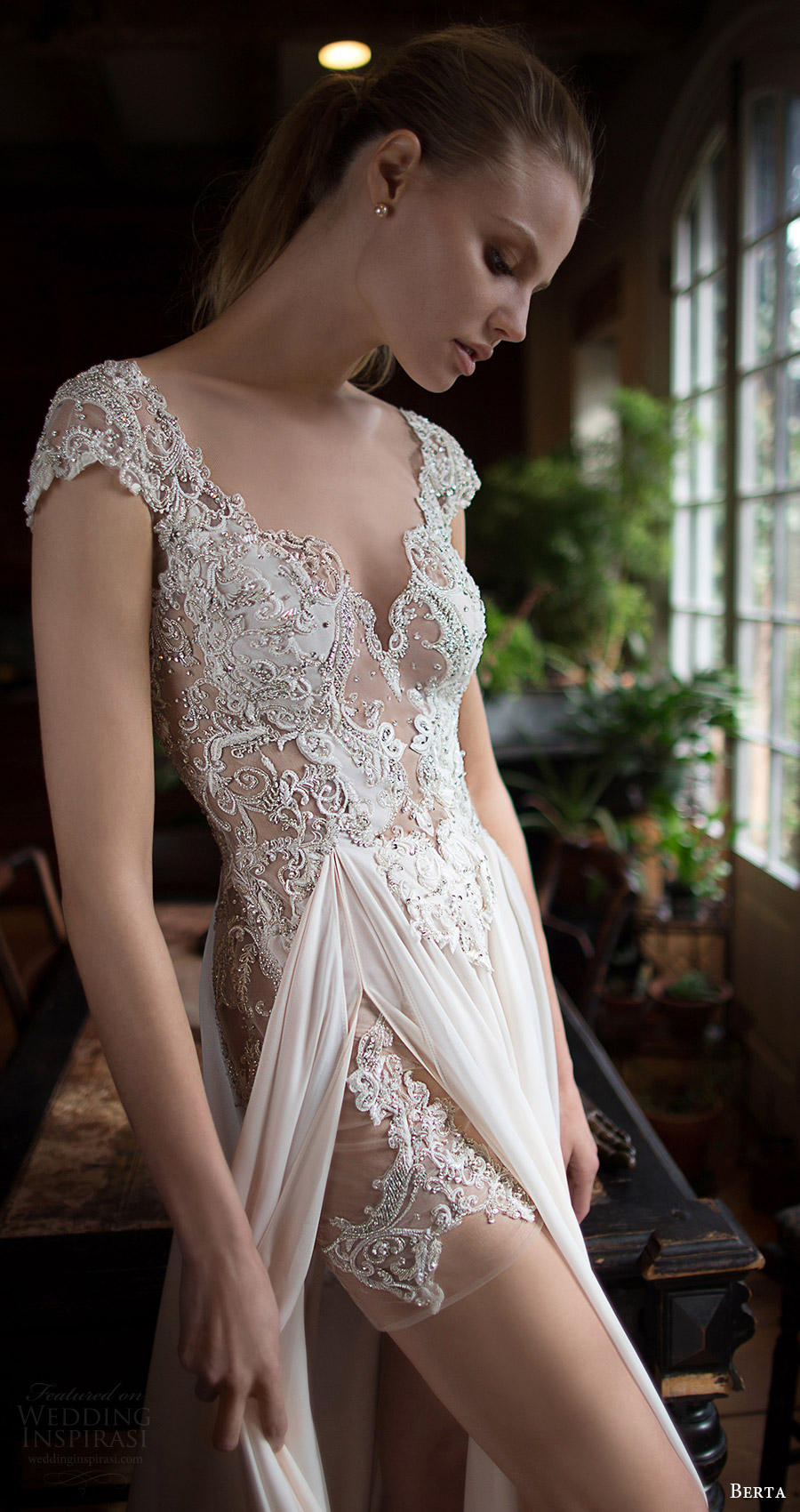 berta bridal fall 2016 cap sleeves sweetheart aline wedding dress slit skirt (16 115) zv