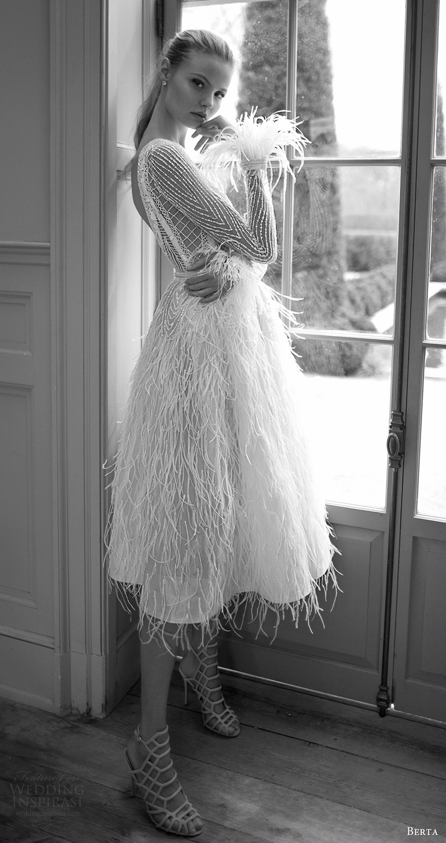berta bridal fall 2016 long sleeves jewel neckline short wedding dress (16 120) mv feather skirt