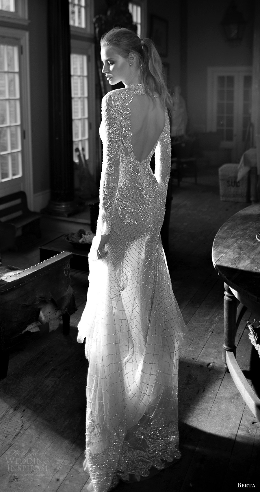 berta bridal fall 2016 long sleeves queen anne neckline fully beaded trumpet wedding dress (16 113) bv keyhole train