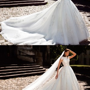 crystal design bridal 2016 cap sleeves jewel neckline heavily embellished bodice princess ball gown wedding dress monarch train (golden) fv