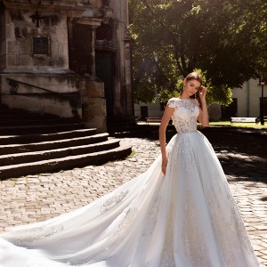 crystal design bridal 2016 cap sleeves jewel neckline heavily embellished bodice princess ball gown wedding dress monarch train (golden) mv